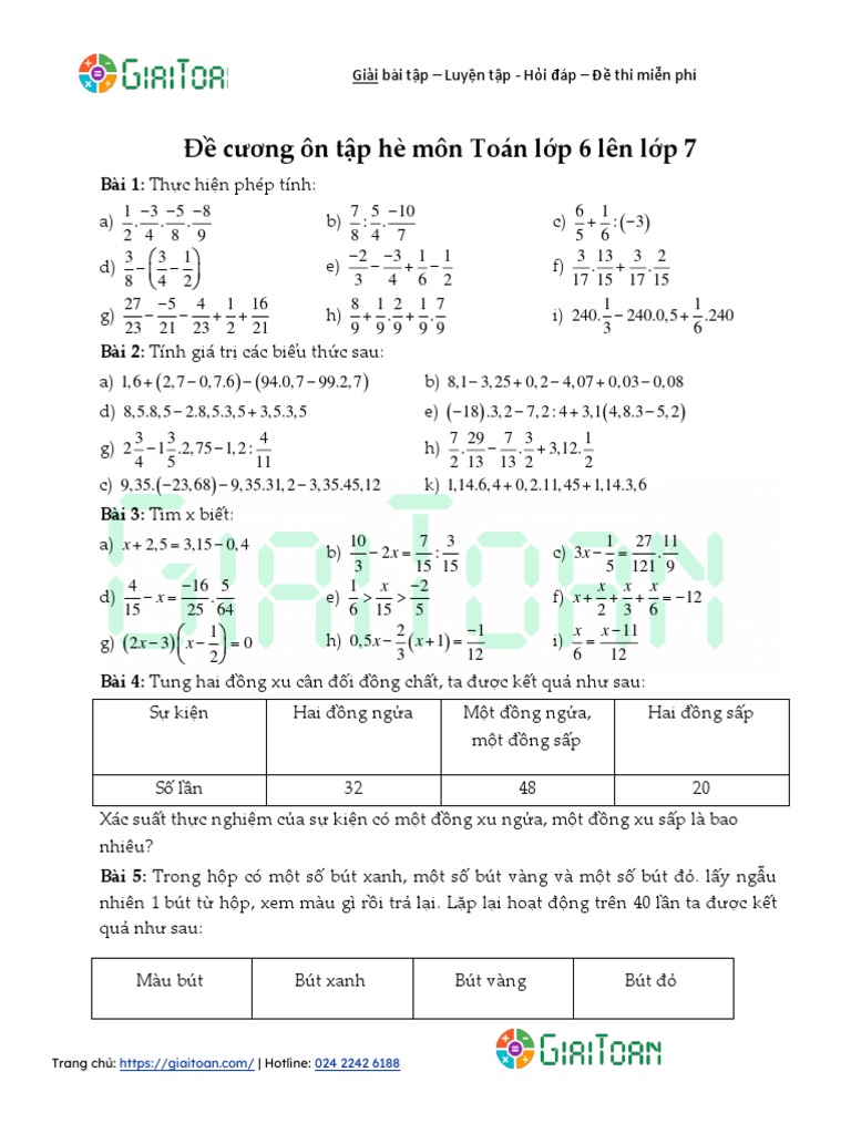 De Cuong On Tap He Mon Toan Lop 6 Len Lop 7 | PDF