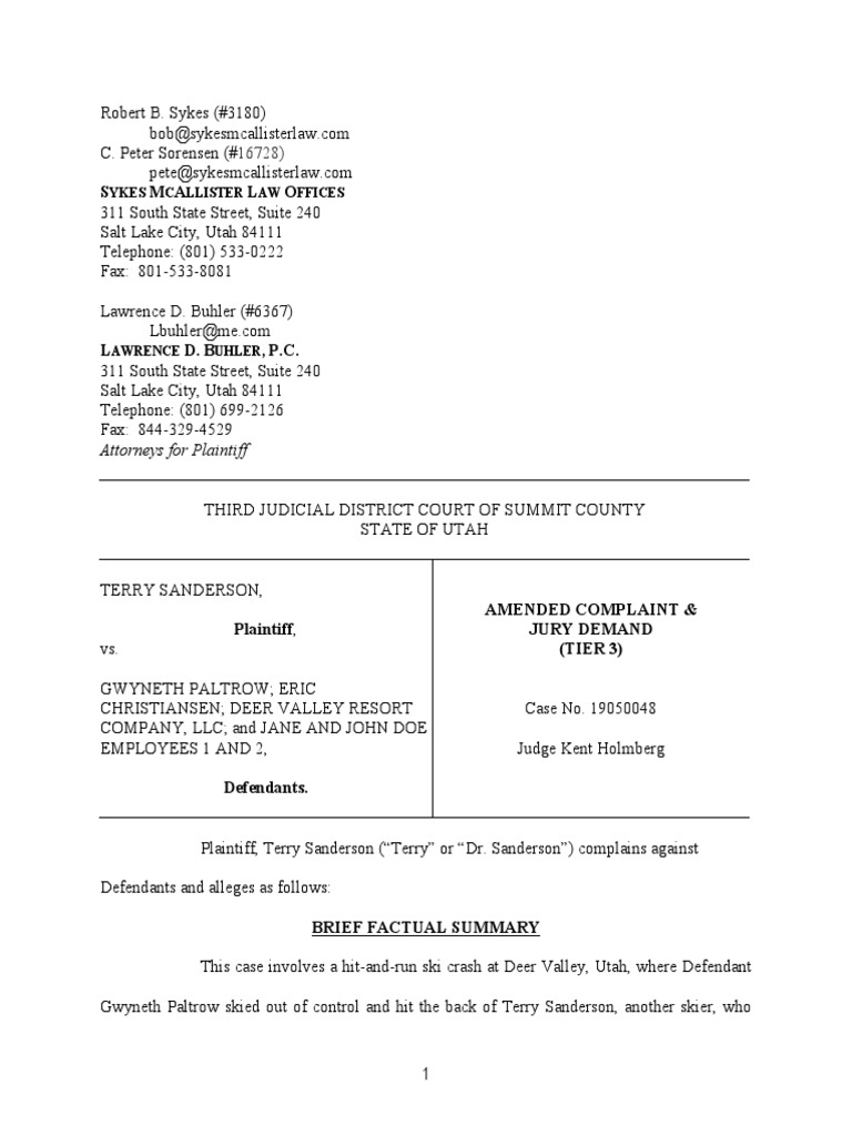 Sanderson v. Paltrow Amended Complaint 2.4.2019 Download Free PDF Negligence Damages