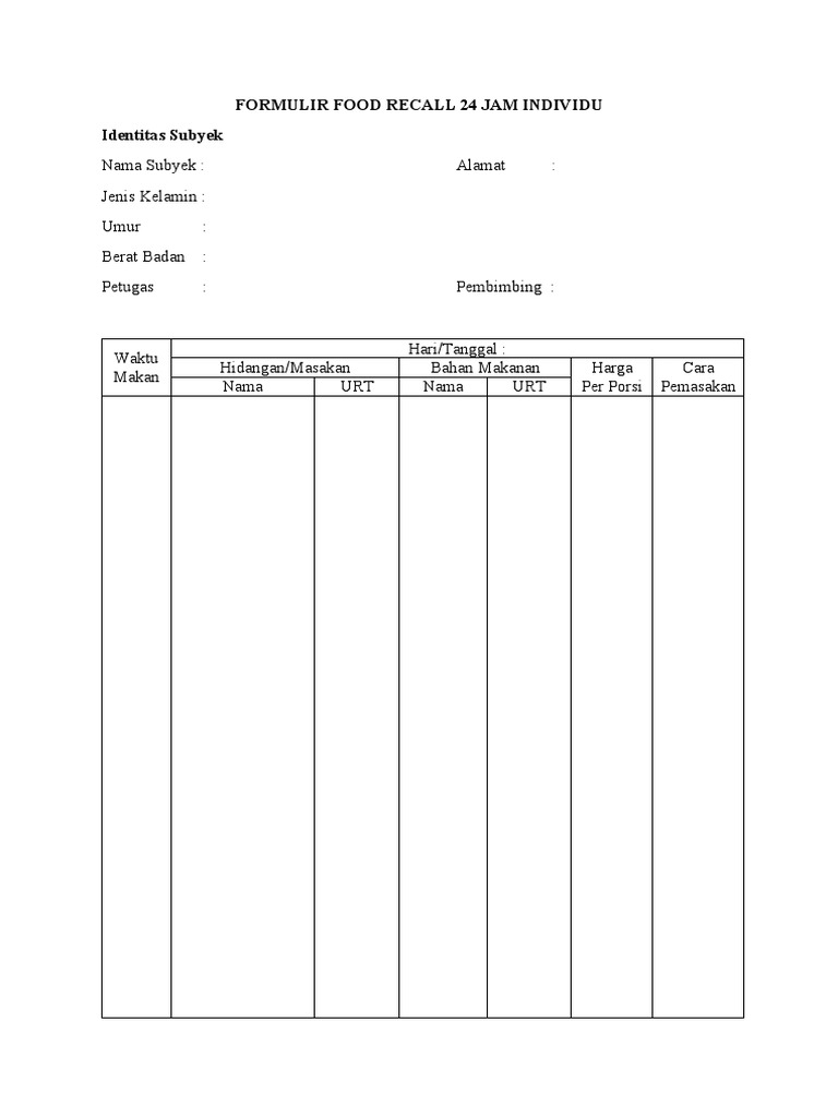 Formulir Recall Makanan 24 Jam | PDF | Pengembangan Diri | Kesehatan ...