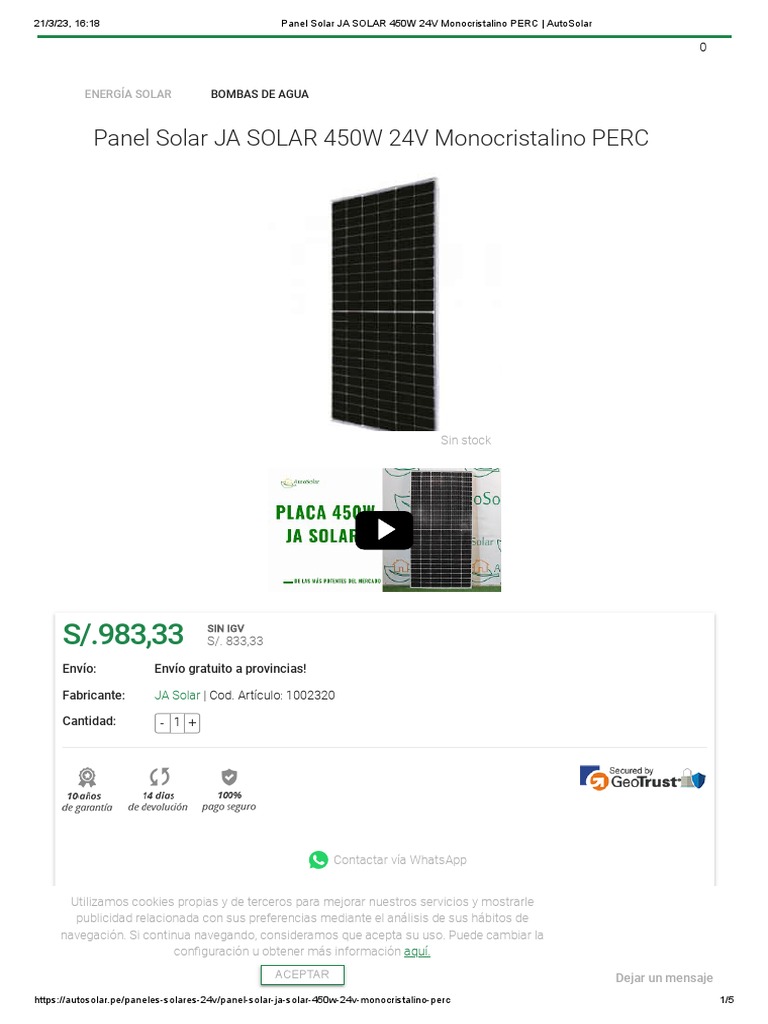 Panel Solar JA SOLAR 450W 24V Monocristalino PERC AutoSolar PDF 