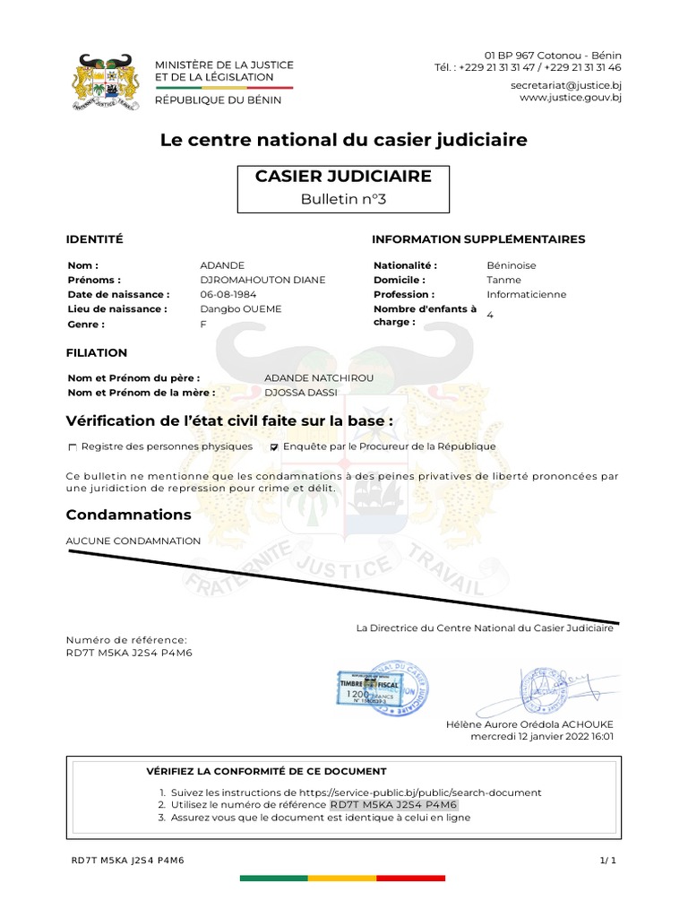 Bulletin n°3 du casier judiciaire béninois | PDF | Justice | Crime et ...