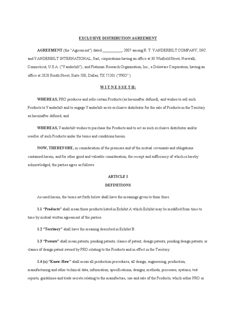 EXCLUSIVE DISTRIBUTION AGREEMENT Sample PDF Trademark Bankruptcy