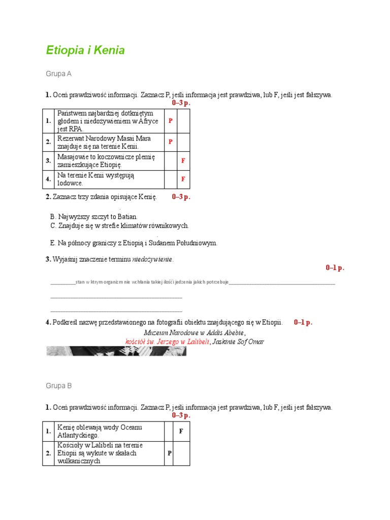 Kartkówka Etiopia I Kenia Klasa 8