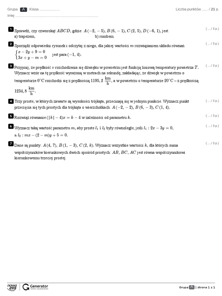 Funkcja Liniowa Klasówka Poziom Trudniejszy Test Z Widoczną Punktacją ...