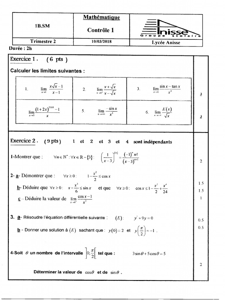 Devoir 1 Maths 1er BAC Sciences Mathematiques 2nd Semestre Sections ...