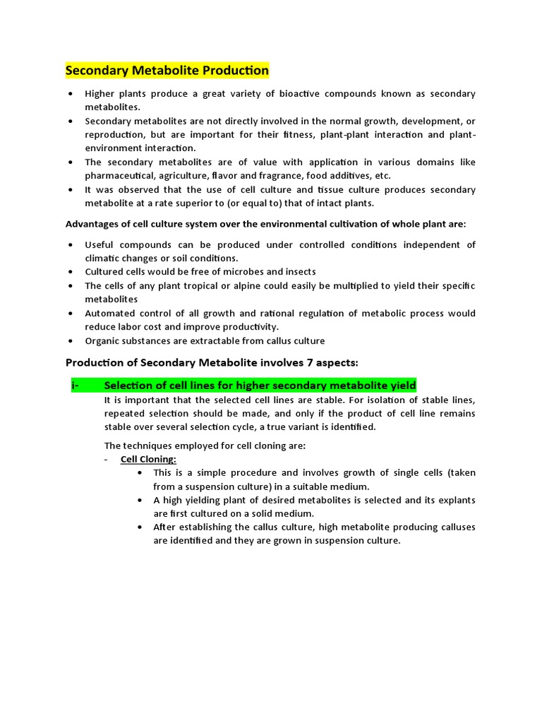 Secondary Metabolite Production in Tissue Culture | PDF | Enzyme | Cell ...