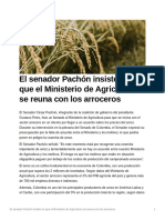 El Senador Pachón Insiste en Que El Ministerio de Agricultura Se Reuna Con Los Arroceros