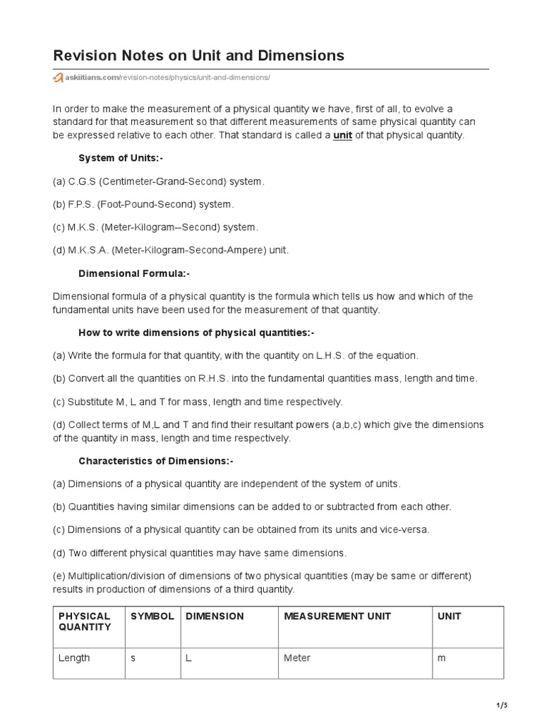 Unit and Dimensions PDF Kilogram Volt