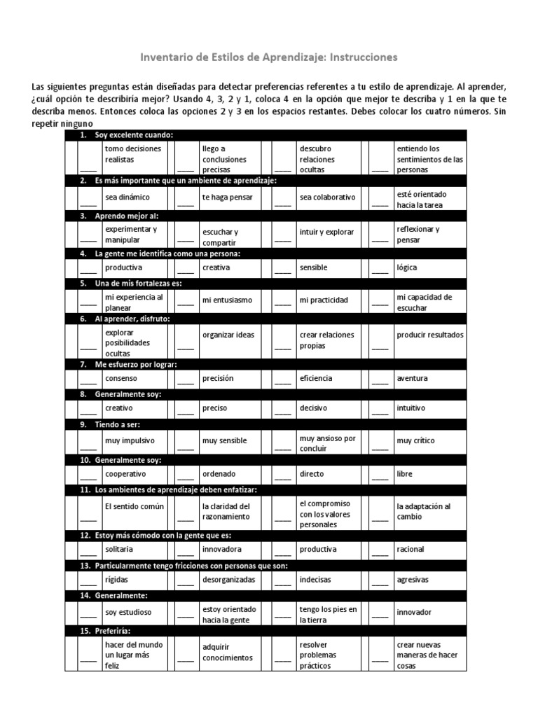 Test Estilos | PDF | Aprendizaje | Ciencia cognitiva