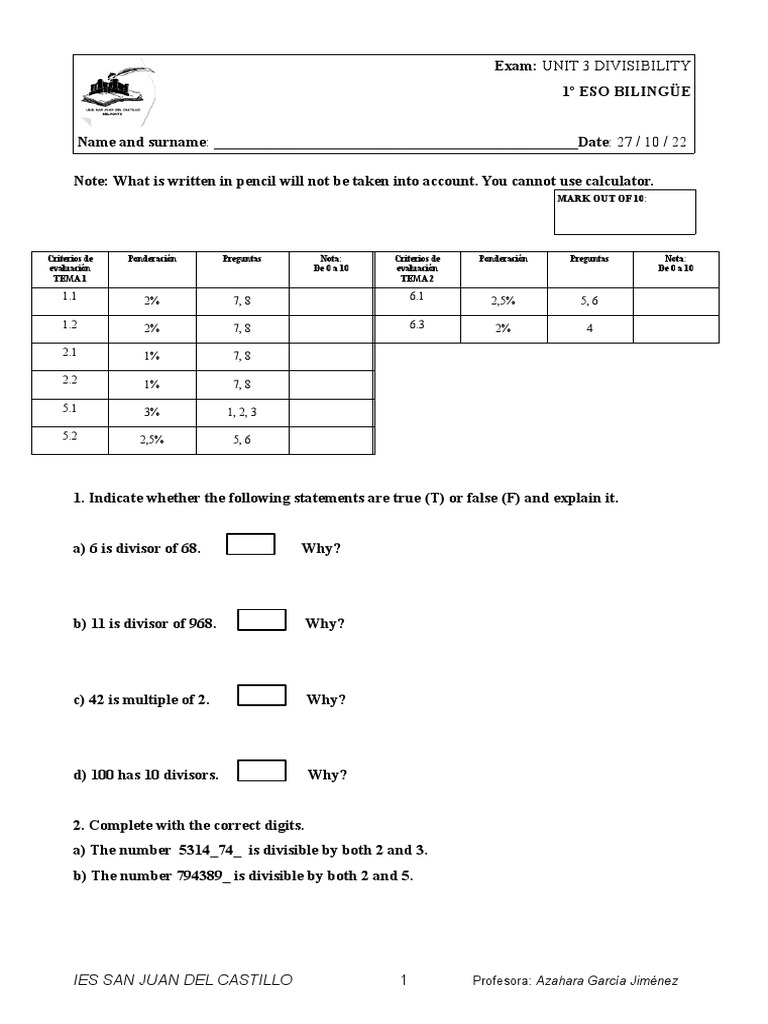 Exam Unit3 Divisibility - Odt | PDF | Division (Mathematics) | Discrete ...