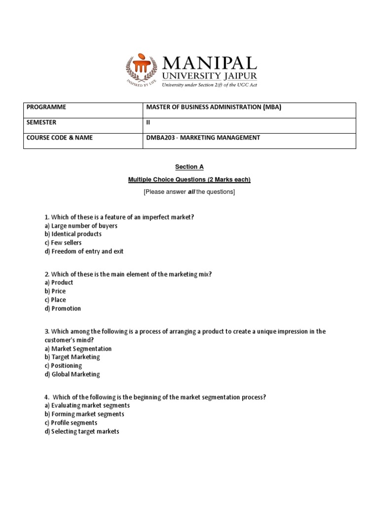 MBA Marketing Management Exam Guide | PDF | Marketing | Sales