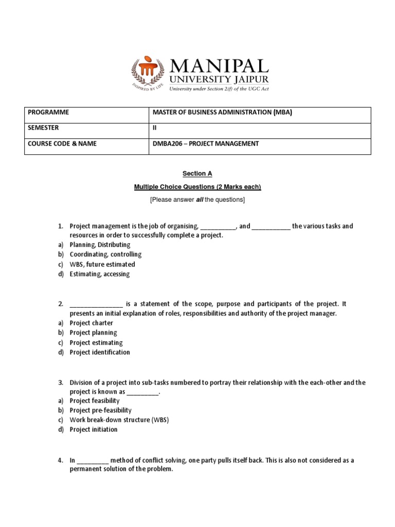 MBA Project Management Exam Questions | PDF | Project Management | Net ...