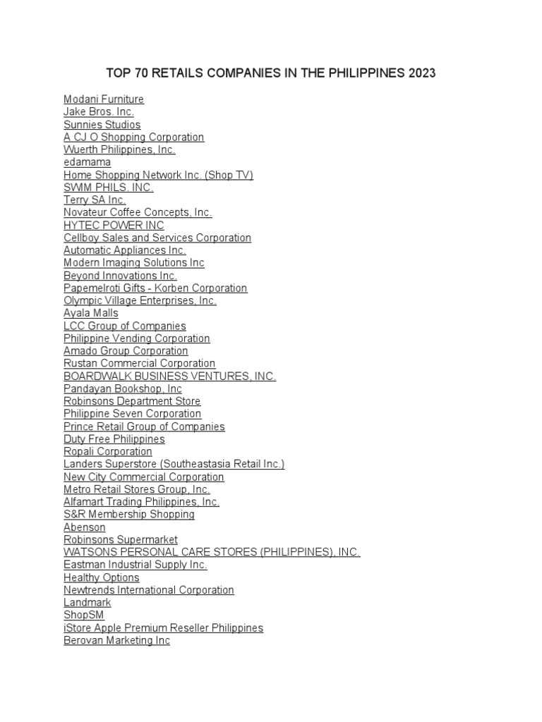 Top 70 Retail Companies in The Philippines 2023 PDF