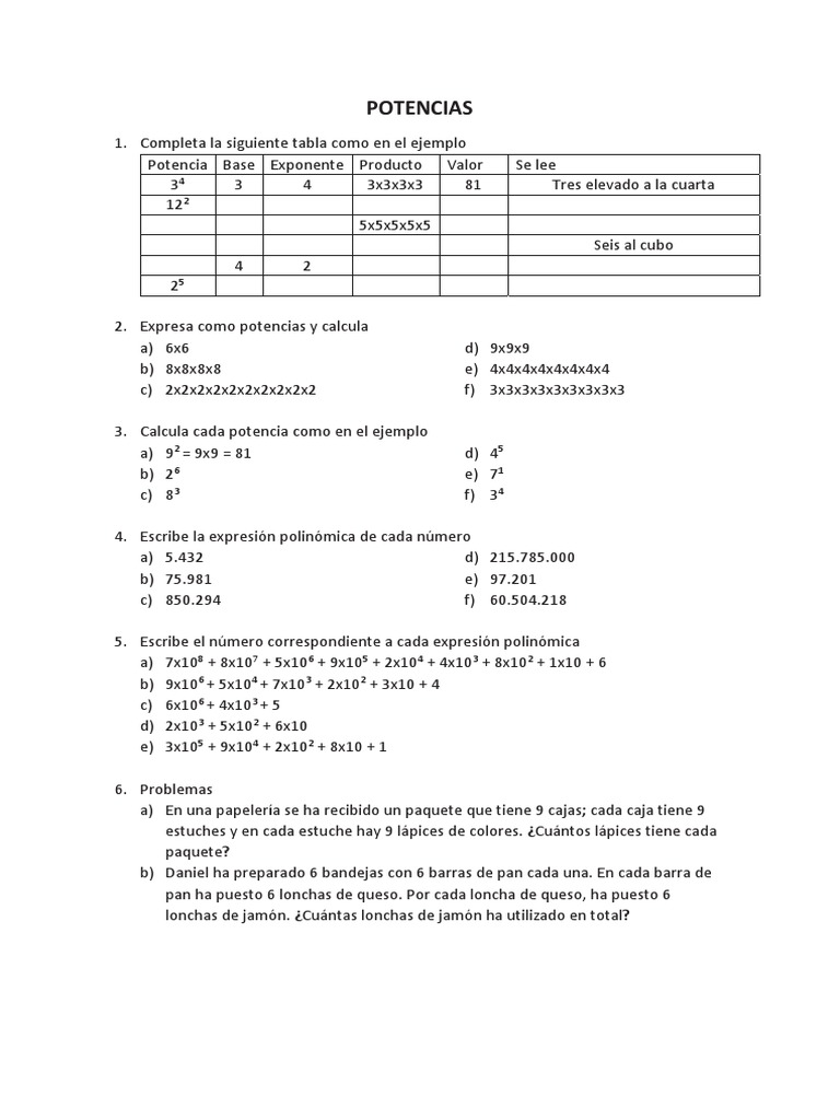 Potencias Ejercicios Pdf