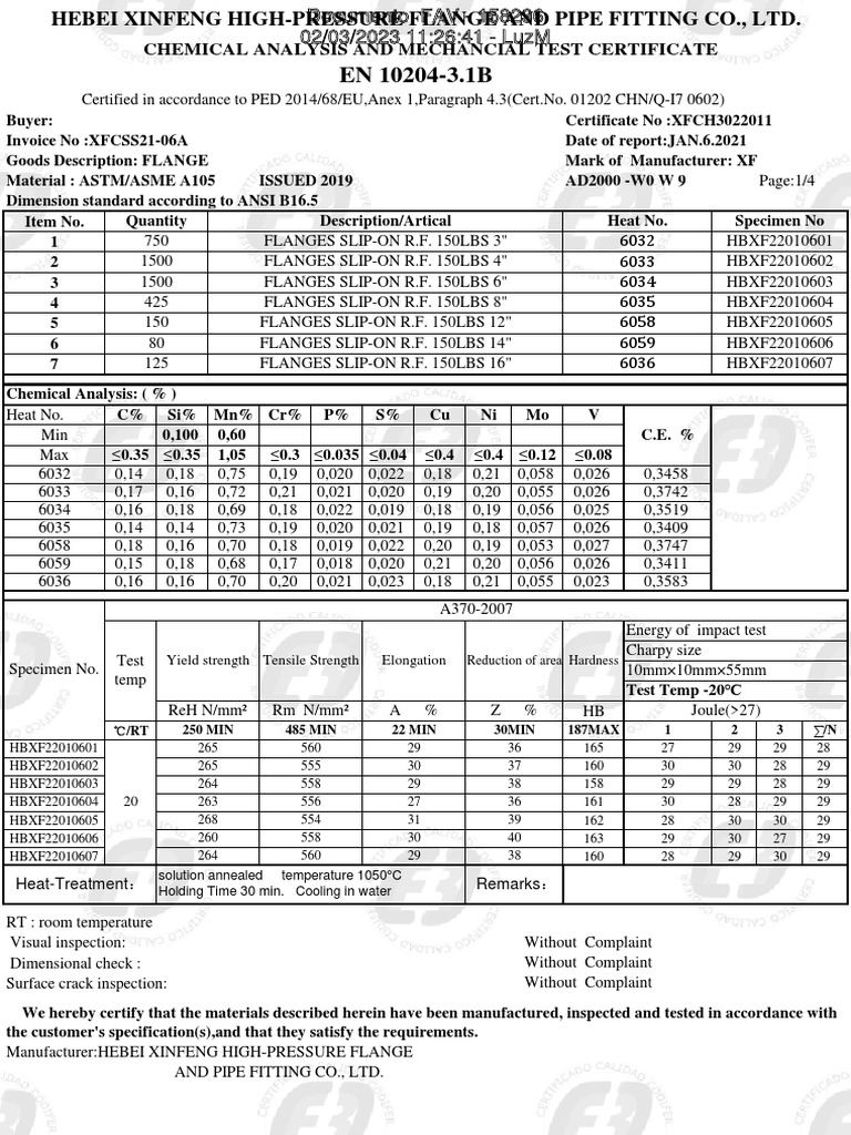 Chemical Analysis and Mechancial Test Certificate: Yield Strength ...