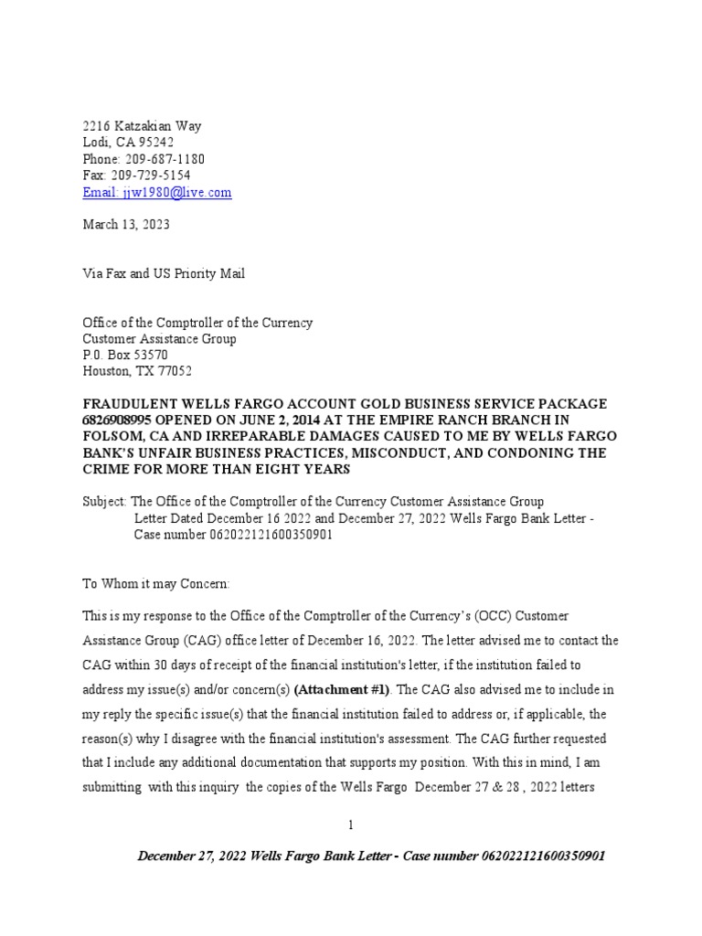 03132023 Letter To The Comptroller Office Wells Fargo Fraud Download Free PDF Wells