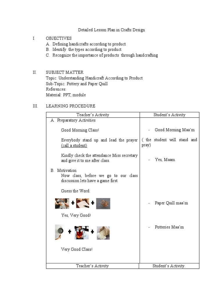 Detailed Lesson Plan in Crafts Design | PDF | Pottery | Plastic Arts, image size:768x1024