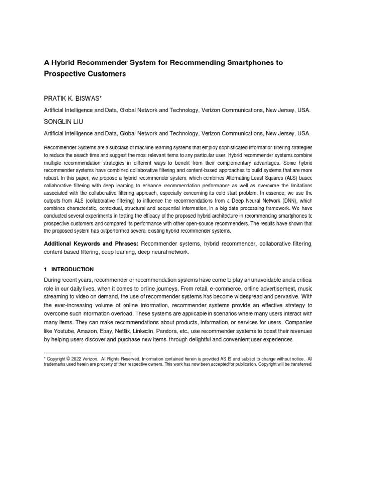 A Hybrid Recommender System For Recommending Smartphones To | PDF ...