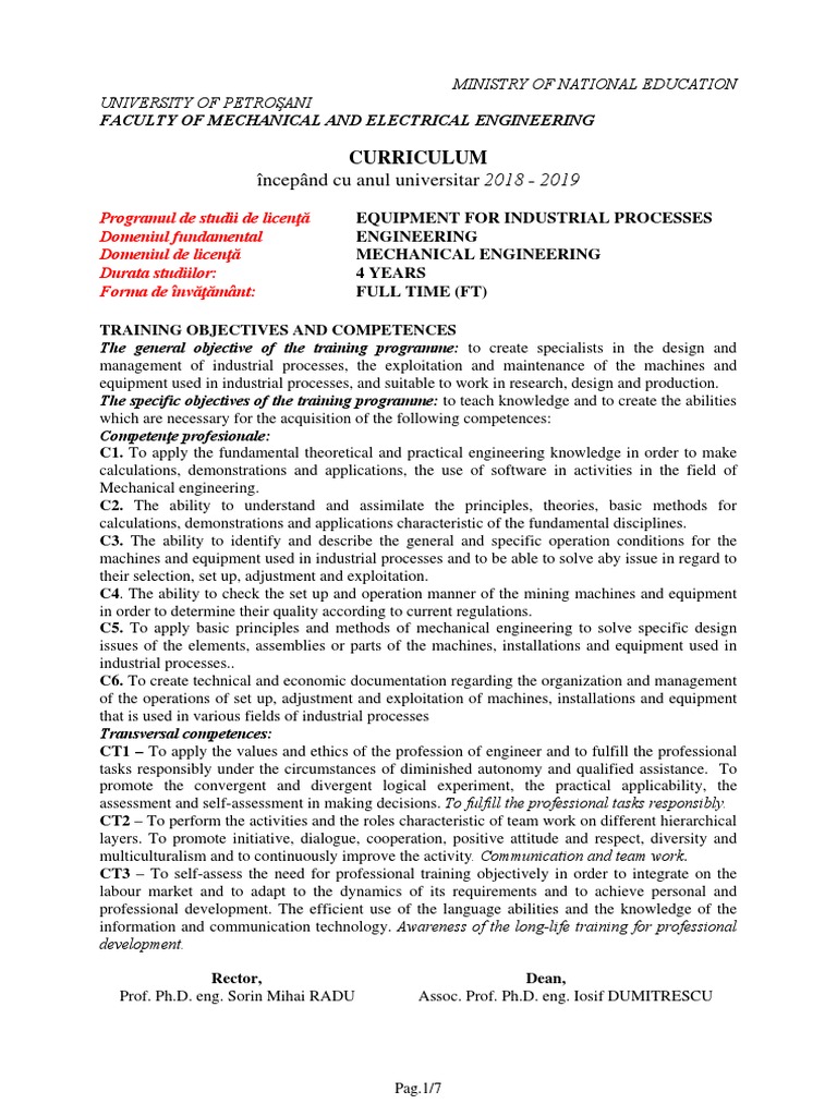Industrial Processes Engineering Curriculum | PDF | Engineering ...