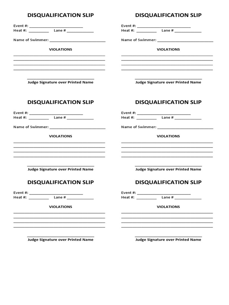 Swimming DisqualificationSlip PDF Swimming Athletic Sports