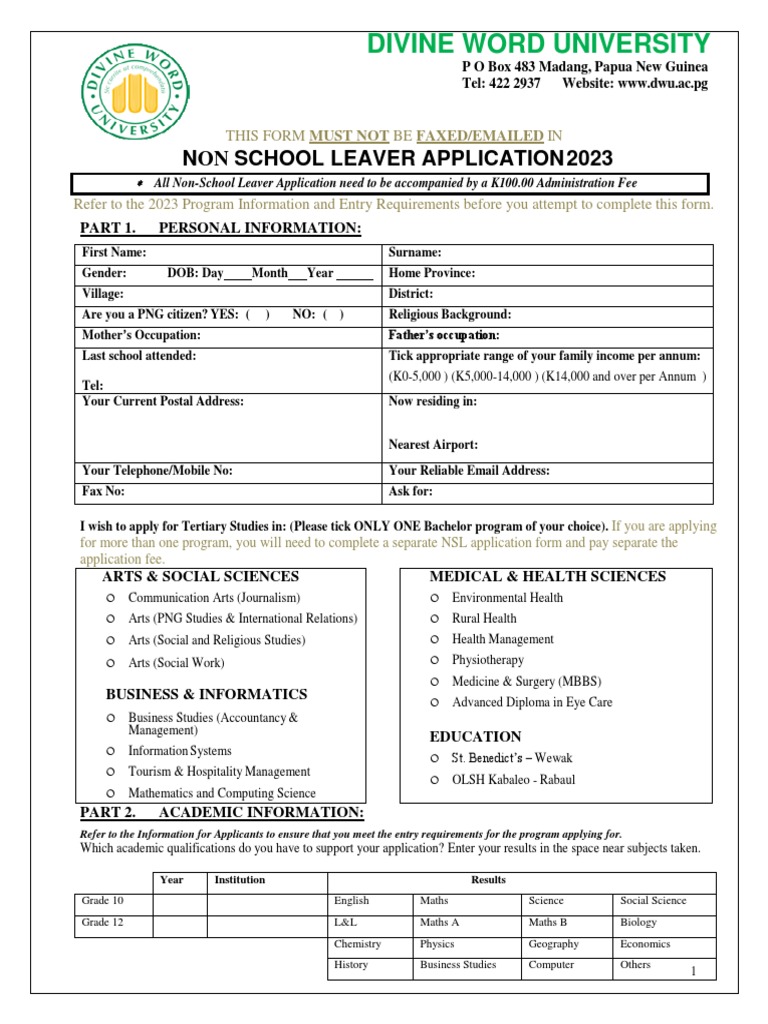 Non School Leaver Application Form 2023 PDF Mathematics