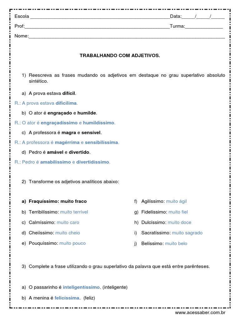 Atividades sobre Grau do Adjetivo 5º Ano | PDF