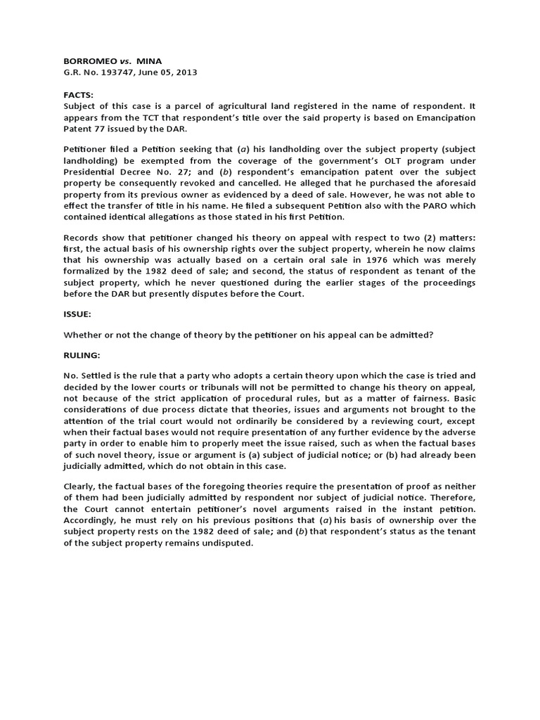 Land Ownership Dispute: Borromeo vs. Mina | PDF | Deed | Political Law