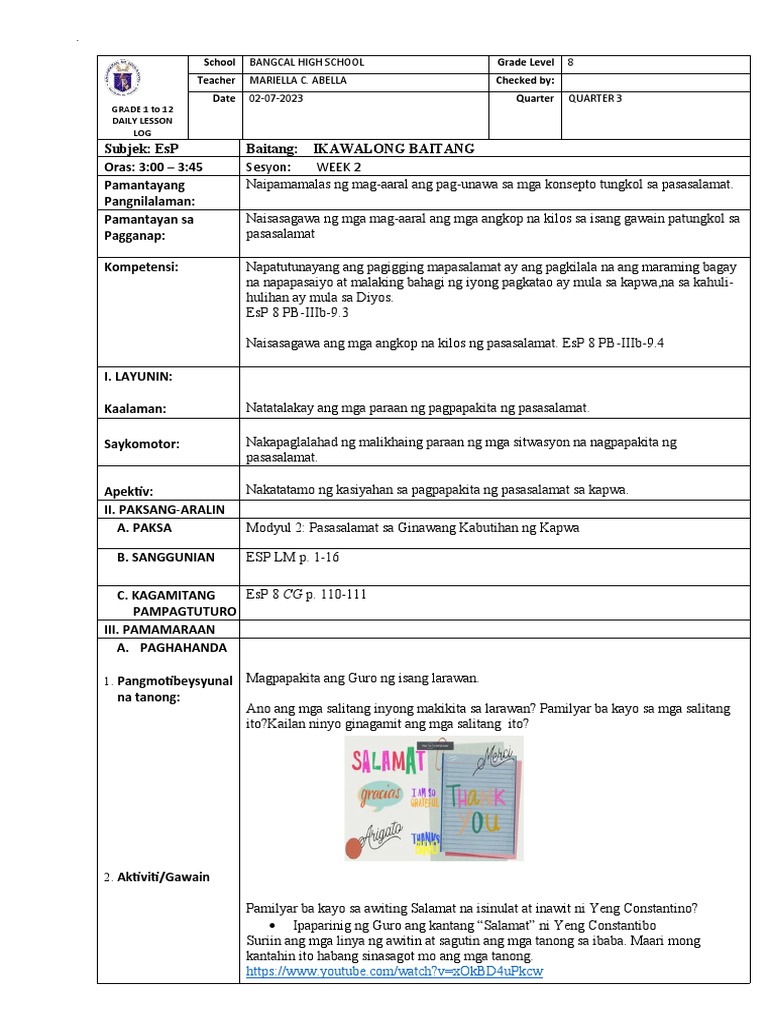 Esp Lesson Plan Week 2 Day 1 And 2 Quarter 3 Pdf