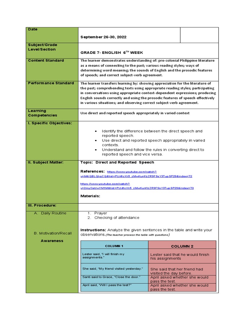 Grade 7 Lesson Plan: Direct Speech | PDF | Grammatical Tense | Cognition