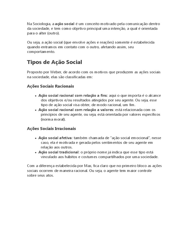 Tipos de Ação Social na Sociologia | PDF