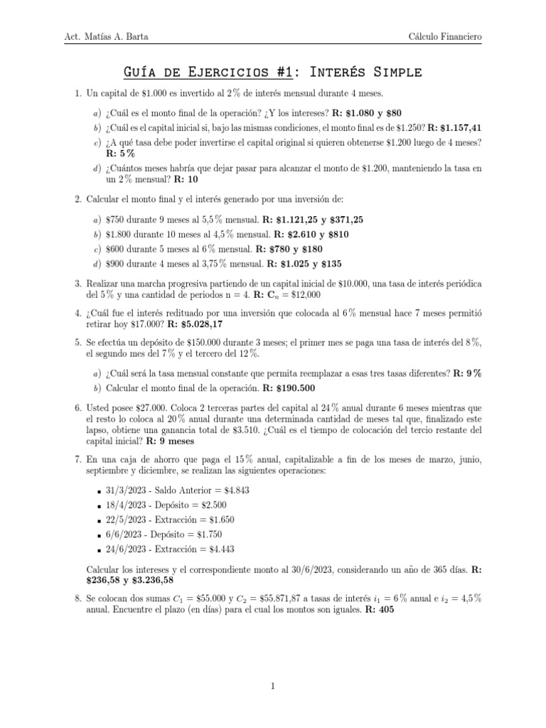Guía de Ejercicios de Interés Simple | PDF | Economias | Dinero