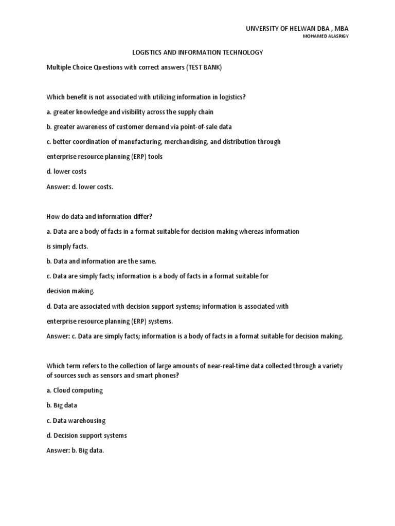 LOGISTICS AND INFORMATION TECHNOLOGY Multi Choice Quest With Answers ...