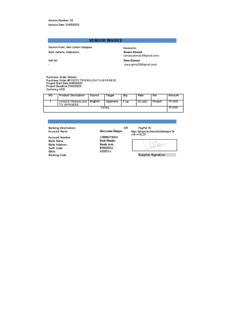 Vendor Invoice for Translation Services | PDF
