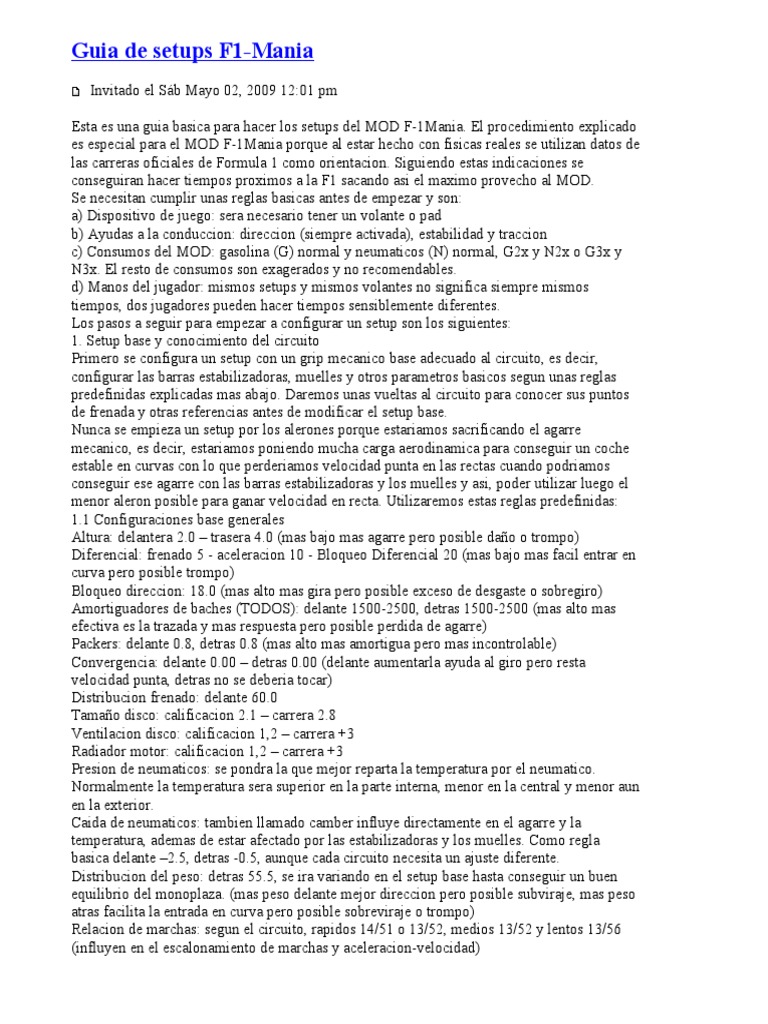 Guia de Reglajes f1 Mania PDF Formula Uno Transporte