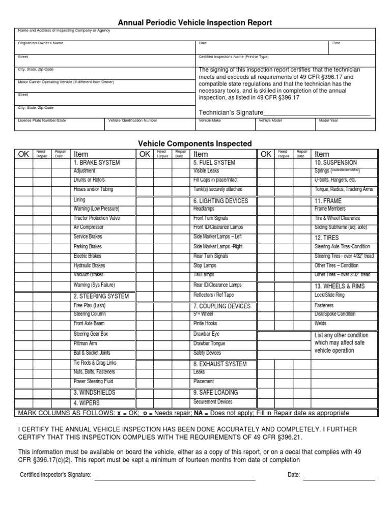 Annual DOT Vehicle Inspection Report | PDF | Steering | Vehicles