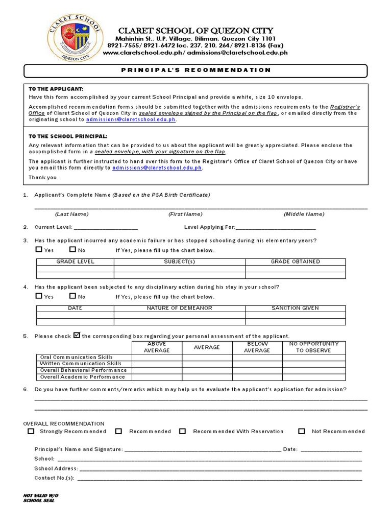 Principals-Recommendation-Form 1 19 | PDF