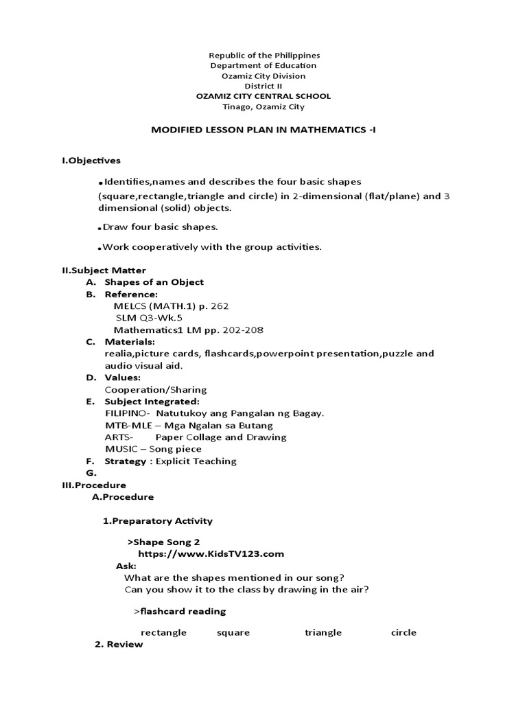 Basic Shapes Lesson Plan for Grade 1 | PDF | Shape