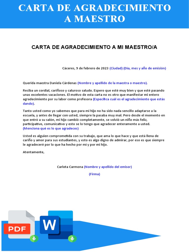Carta de Agradecimiento a la Maestra | PDF | Artes del Lenguaje y ...