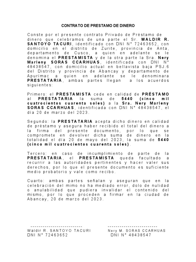Contrato de Prestamo de Dinero | PDF