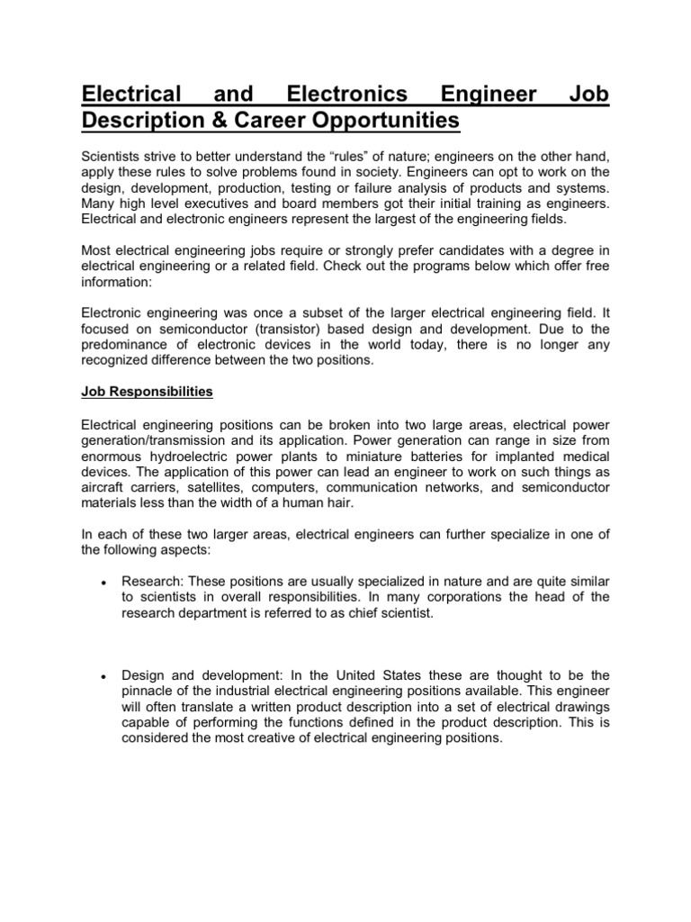 Electrical and electronics engineer job description engineering 