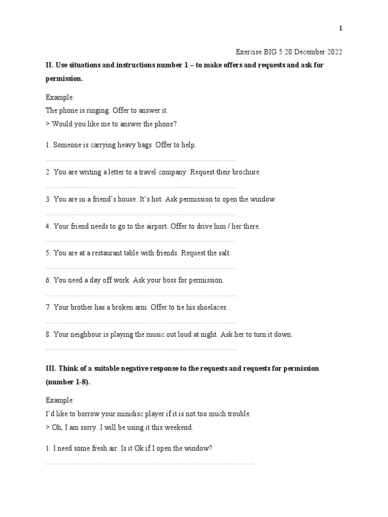 Asking and Giving Permission Exercises | PDF