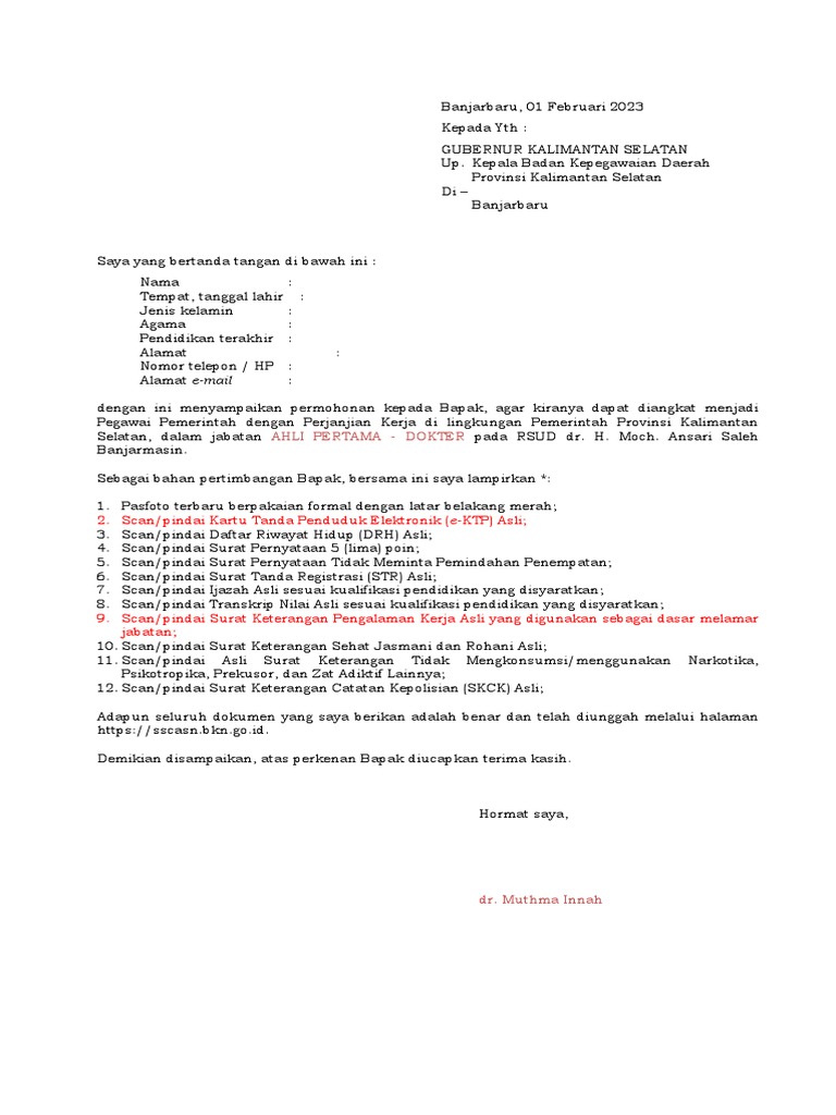 Surat Lamaran P3K Muth | PDF