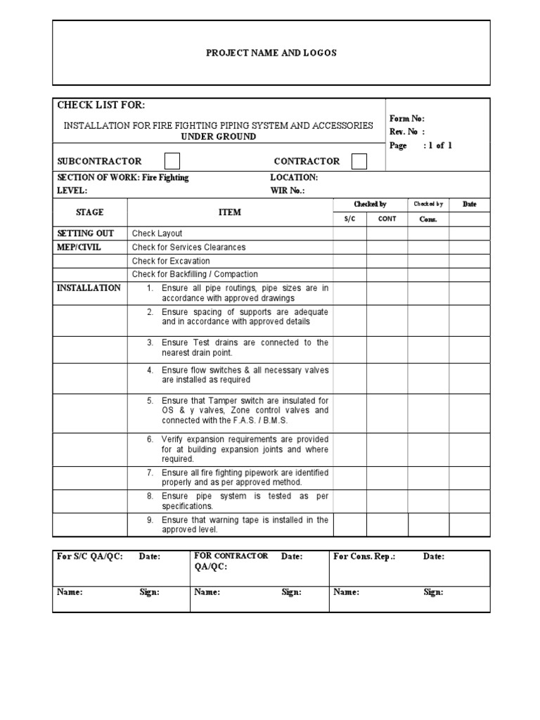 Checklist For Installation For Fire Fighting Piping System and