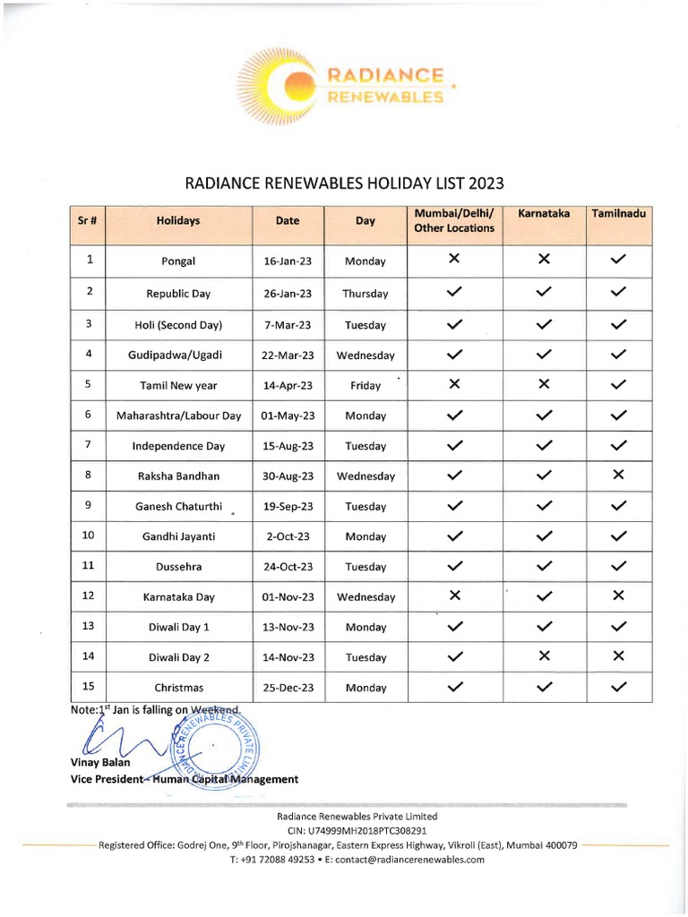 Holiday List 2023 | PDF