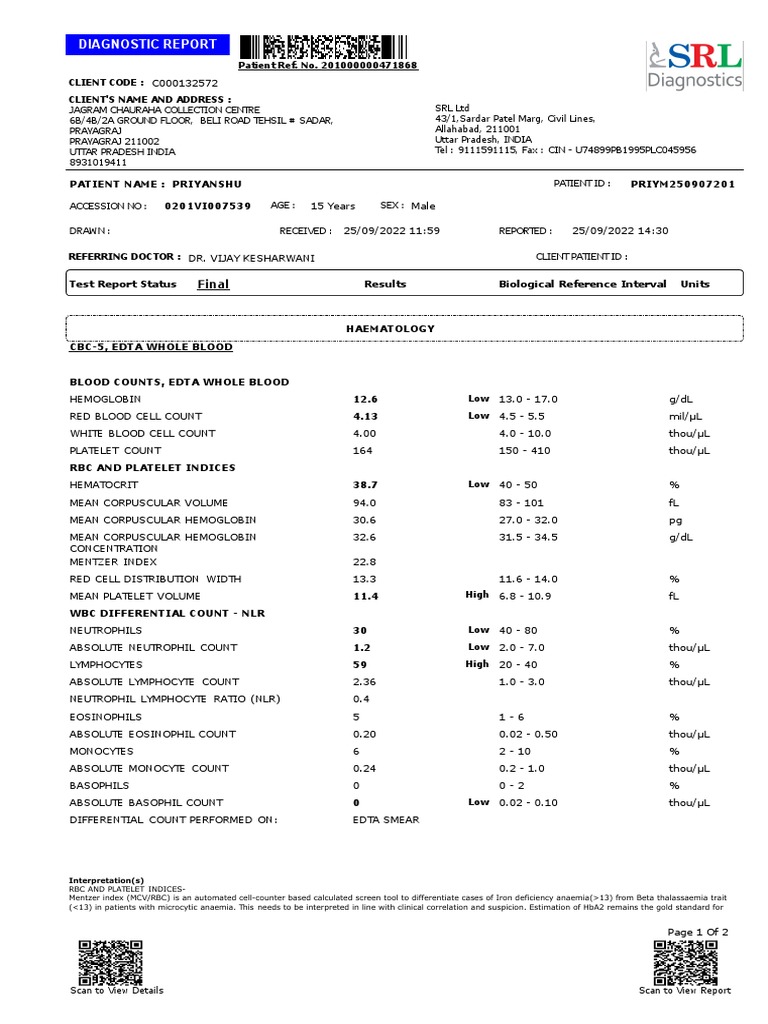 Priyanshu's Diagnostic Blood Report | PDF | Clinical Medicine | Body Fluids