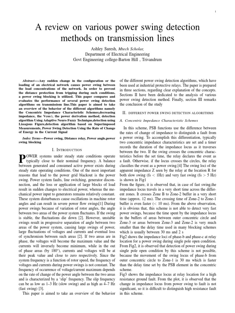 Review On Power Swing Blocking Techniques PDF Electrical Impedance