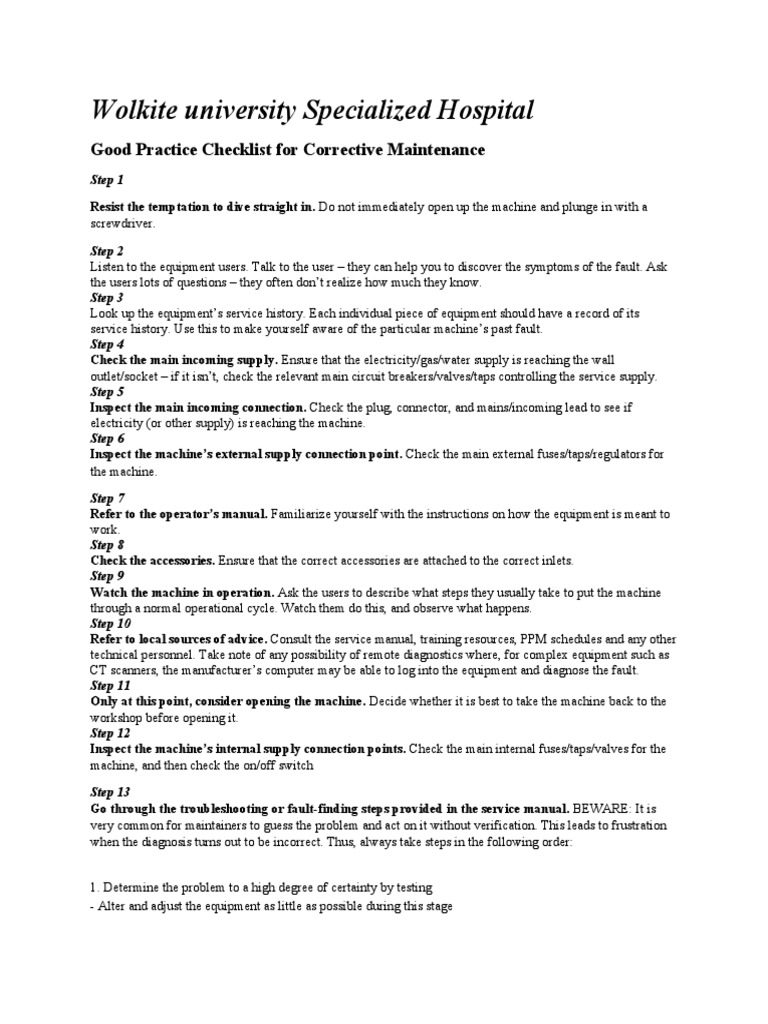 Corrective Maintenance Checklist Guide | PDF | Electrical Connector ...