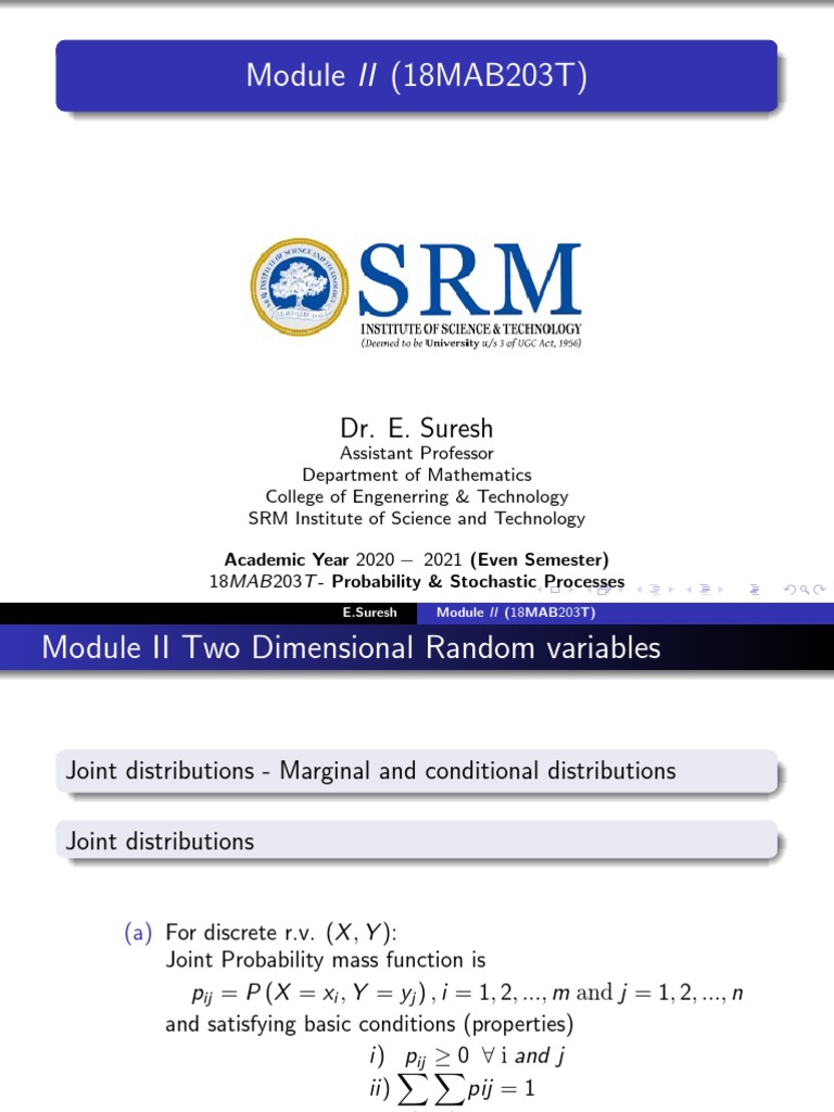 PSP Module II Part 1 Two Dimensional RVs PDF PDF Probability Distribution