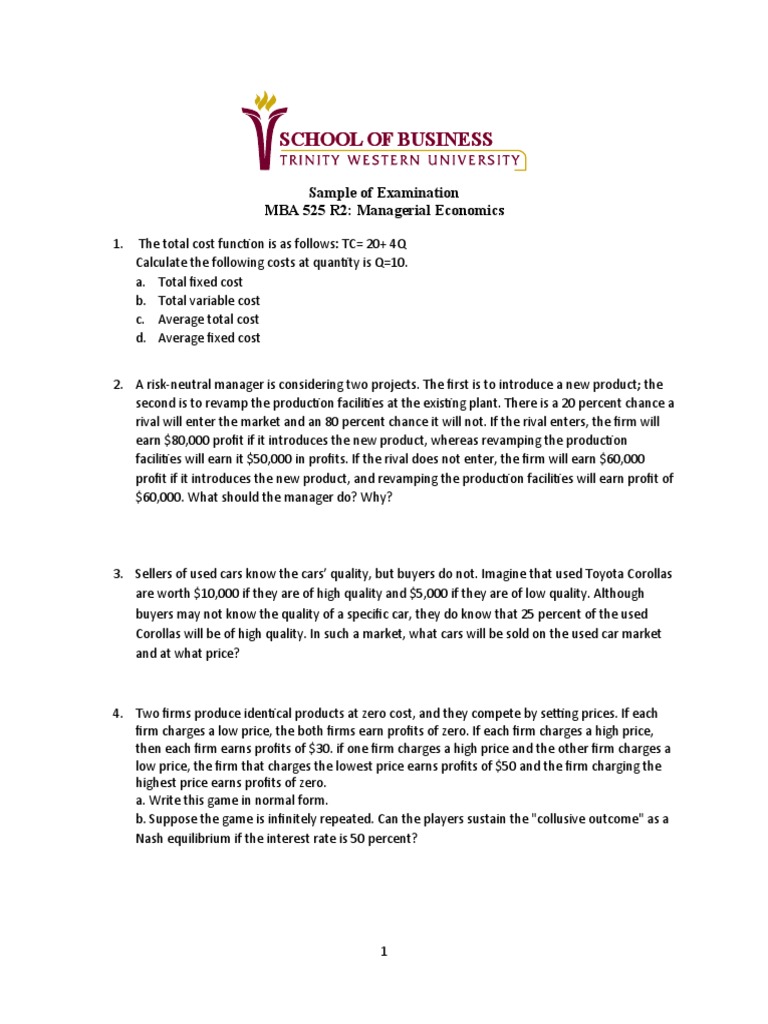 MBA Managerial Economics Exam Sample | PDF | Profit (Economics ...