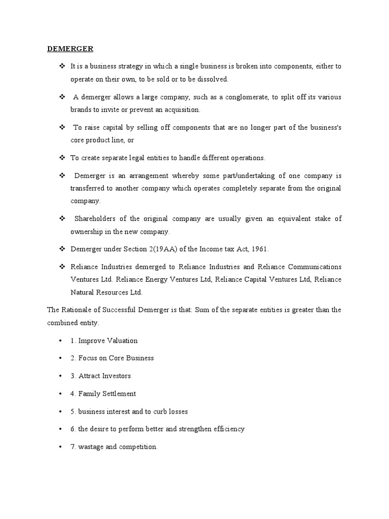 Demerger pdf stocks holding company